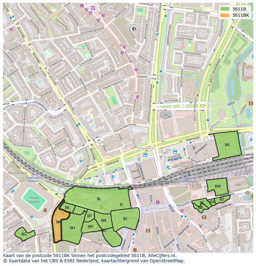 Afbeelding van het postcodegebied 5611 BK op de kaart.