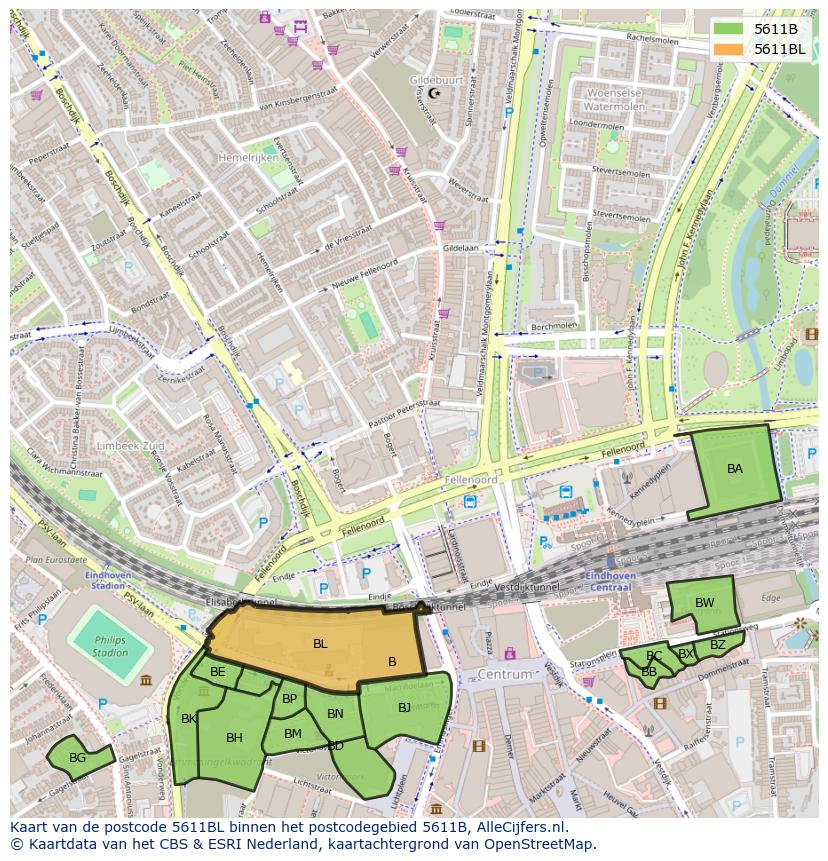Afbeelding van het postcodegebied 5611 BL op de kaart.