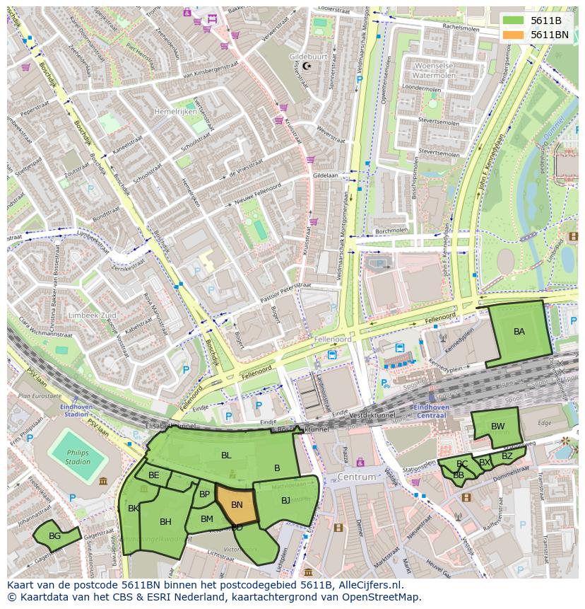 Afbeelding van het postcodegebied 5611 BN op de kaart.