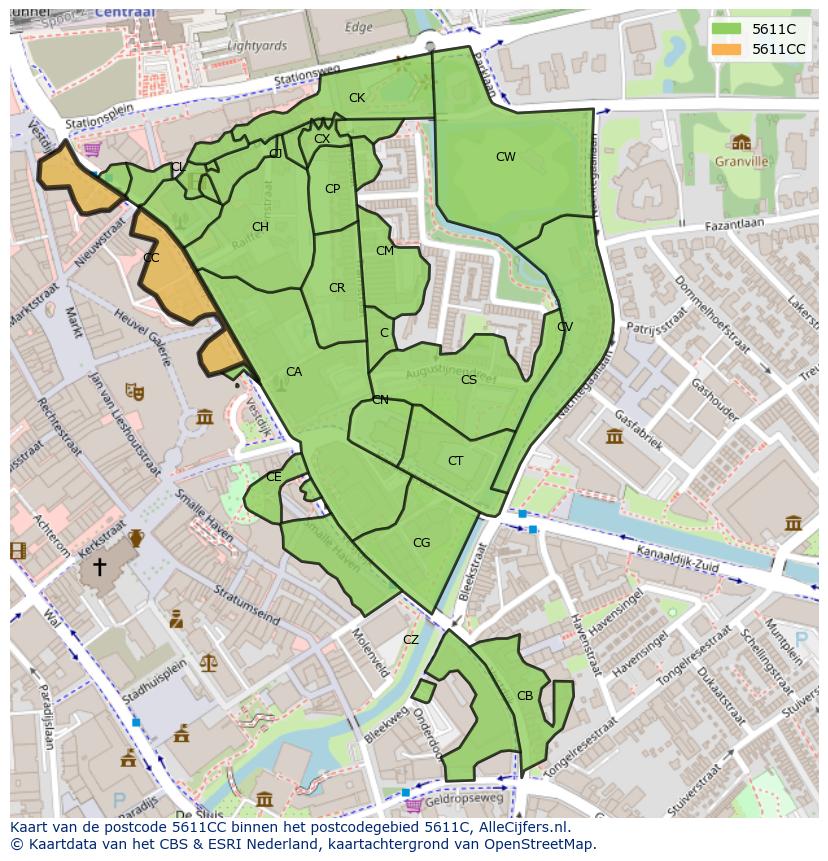 Afbeelding van het postcodegebied 5611 CC op de kaart.