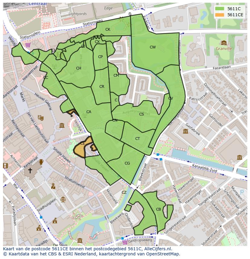 Afbeelding van het postcodegebied 5611 CE op de kaart.