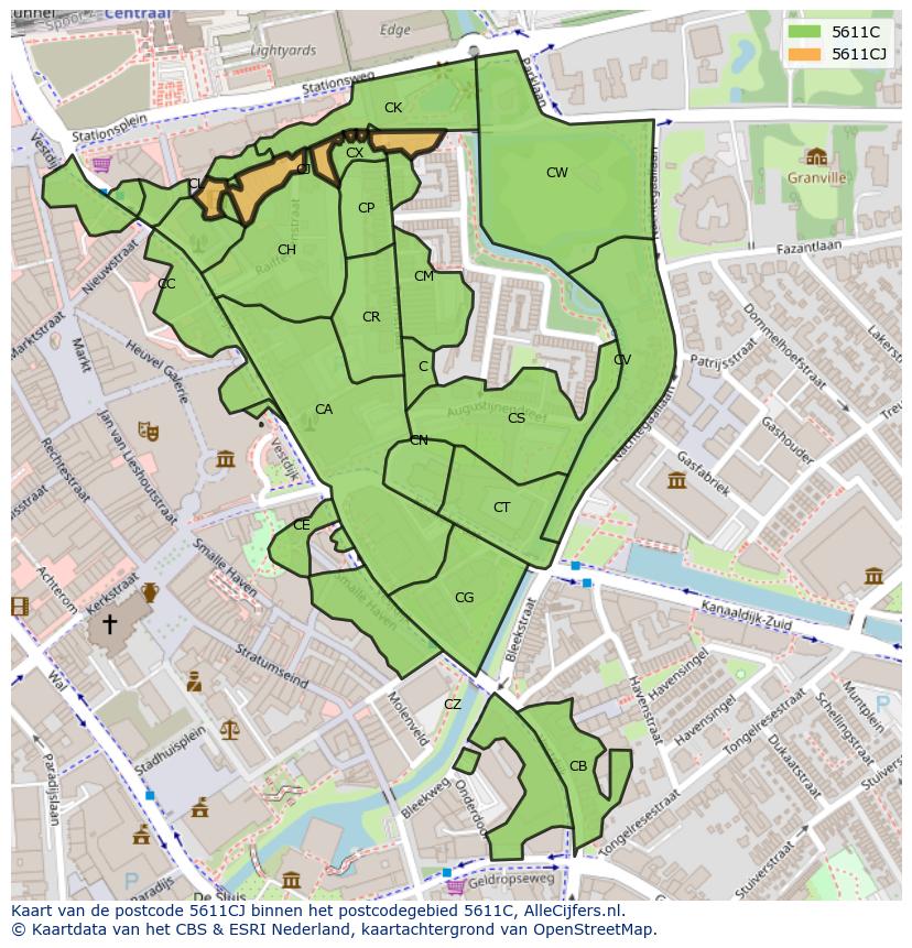 Afbeelding van het postcodegebied 5611 CJ op de kaart.