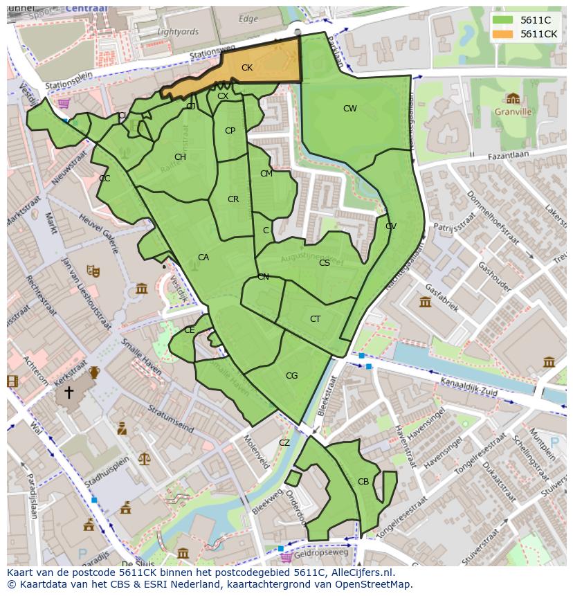 Afbeelding van het postcodegebied 5611 CK op de kaart.