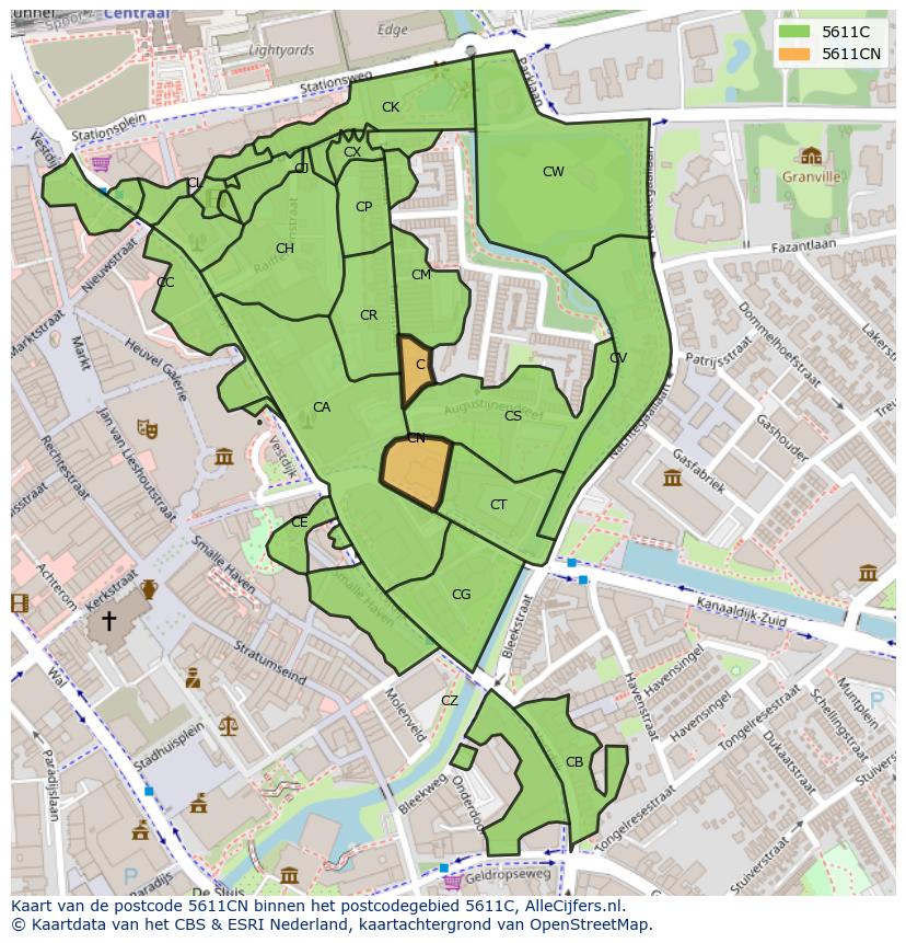 Afbeelding van het postcodegebied 5611 CN op de kaart.
