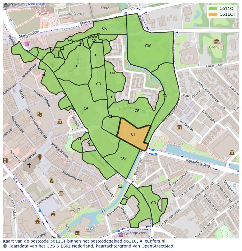 Afbeelding van het postcodegebied 5611 CT op de kaart.