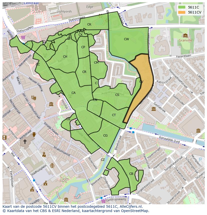 Afbeelding van het postcodegebied 5611 CV op de kaart.