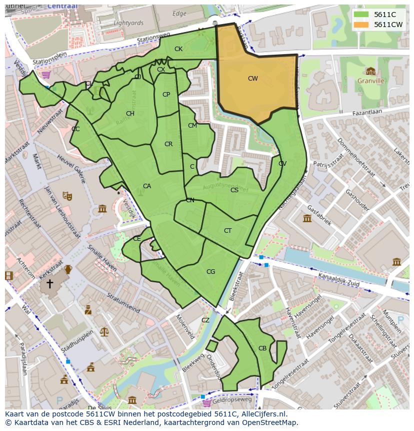 Afbeelding van het postcodegebied 5611 CW op de kaart.