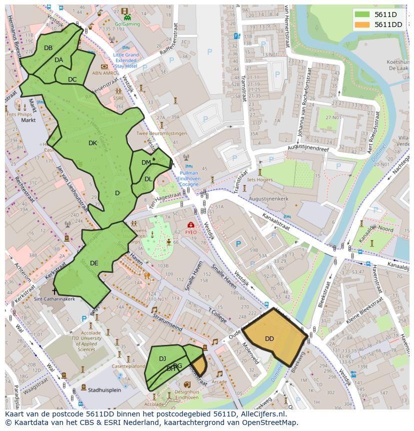 Afbeelding van het postcodegebied 5611 DD op de kaart.