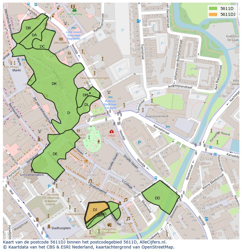 Afbeelding van het postcodegebied 5611 DJ op de kaart.