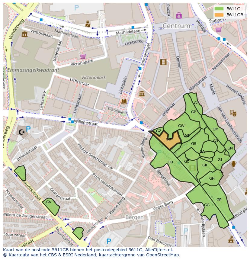 Afbeelding van het postcodegebied 5611 GB op de kaart.