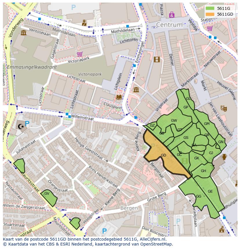 Afbeelding van het postcodegebied 5611 GD op de kaart.
