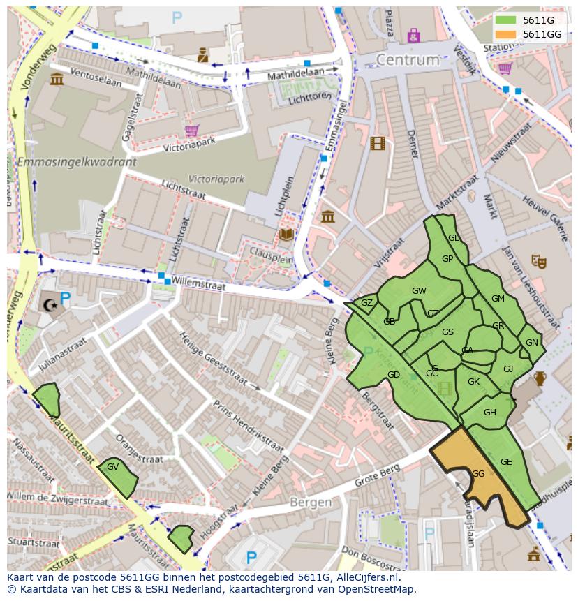 Afbeelding van het postcodegebied 5611 GG op de kaart.