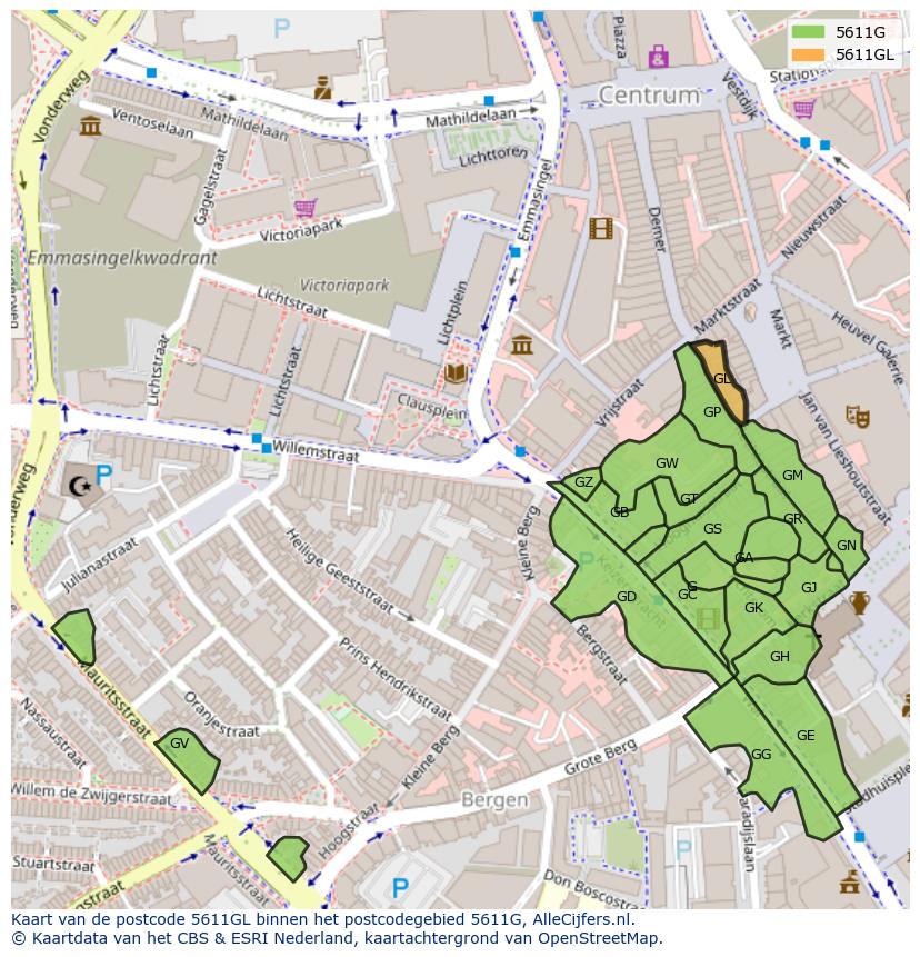Afbeelding van het postcodegebied 5611 GL op de kaart.