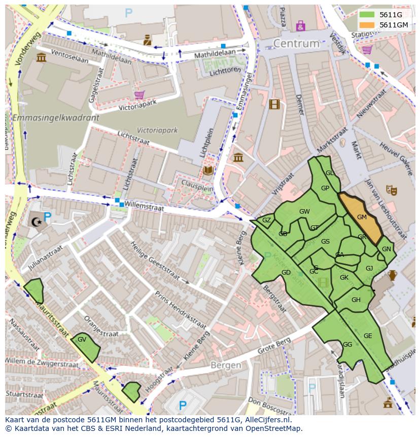 Afbeelding van het postcodegebied 5611 GM op de kaart.