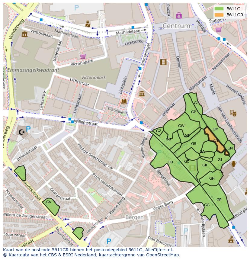 Afbeelding van het postcodegebied 5611 GR op de kaart.