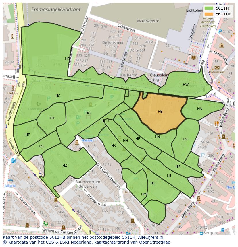 Afbeelding van het postcodegebied 5611 HB op de kaart.