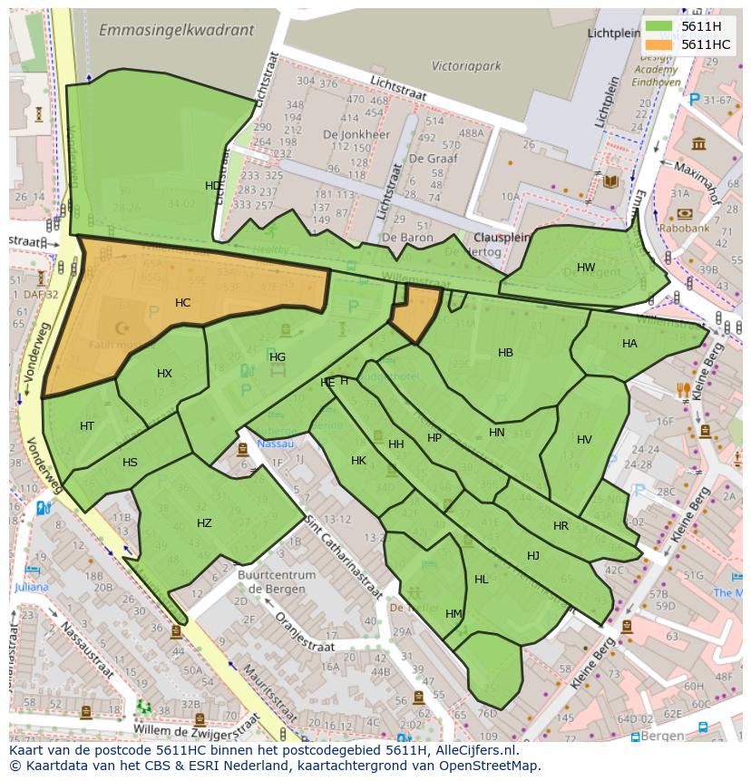 Afbeelding van het postcodegebied 5611 HC op de kaart.