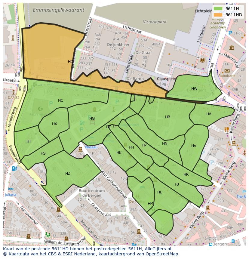 Afbeelding van het postcodegebied 5611 HD op de kaart.