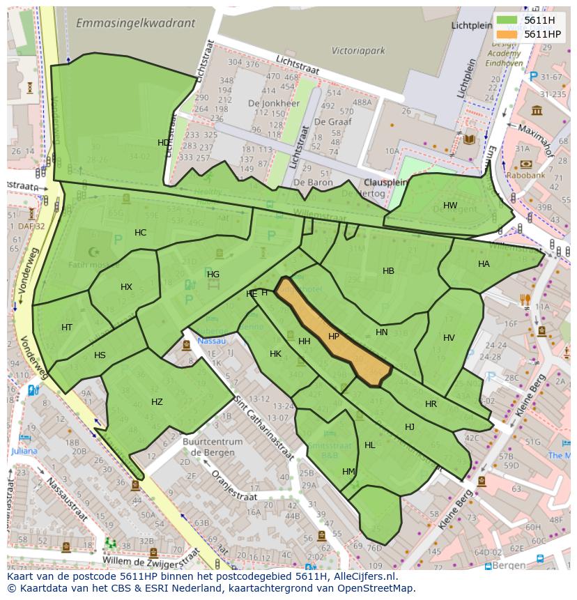 Afbeelding van het postcodegebied 5611 HP op de kaart.