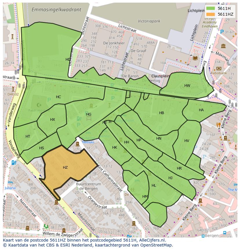 Afbeelding van het postcodegebied 5611 HZ op de kaart.