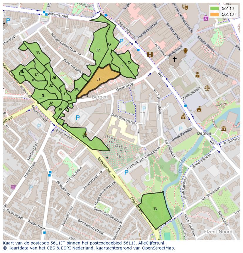 Afbeelding van het postcodegebied 5611 JT op de kaart.