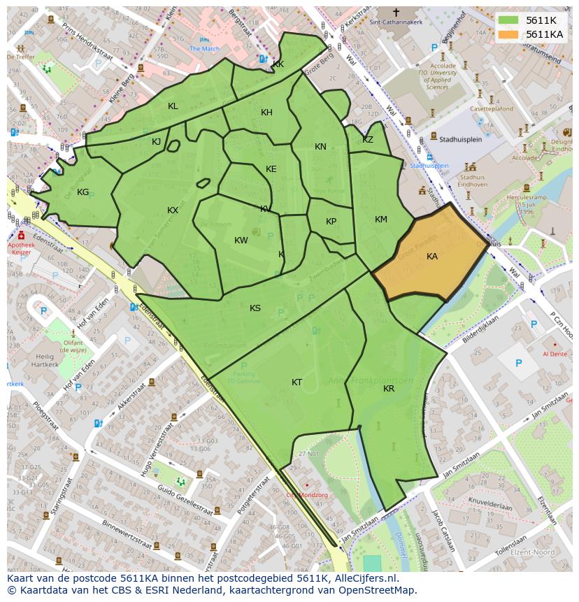 Afbeelding van het postcodegebied 5611 KA op de kaart.