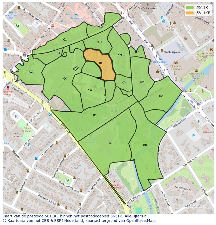 Afbeelding van het postcodegebied 5611 KE op de kaart.