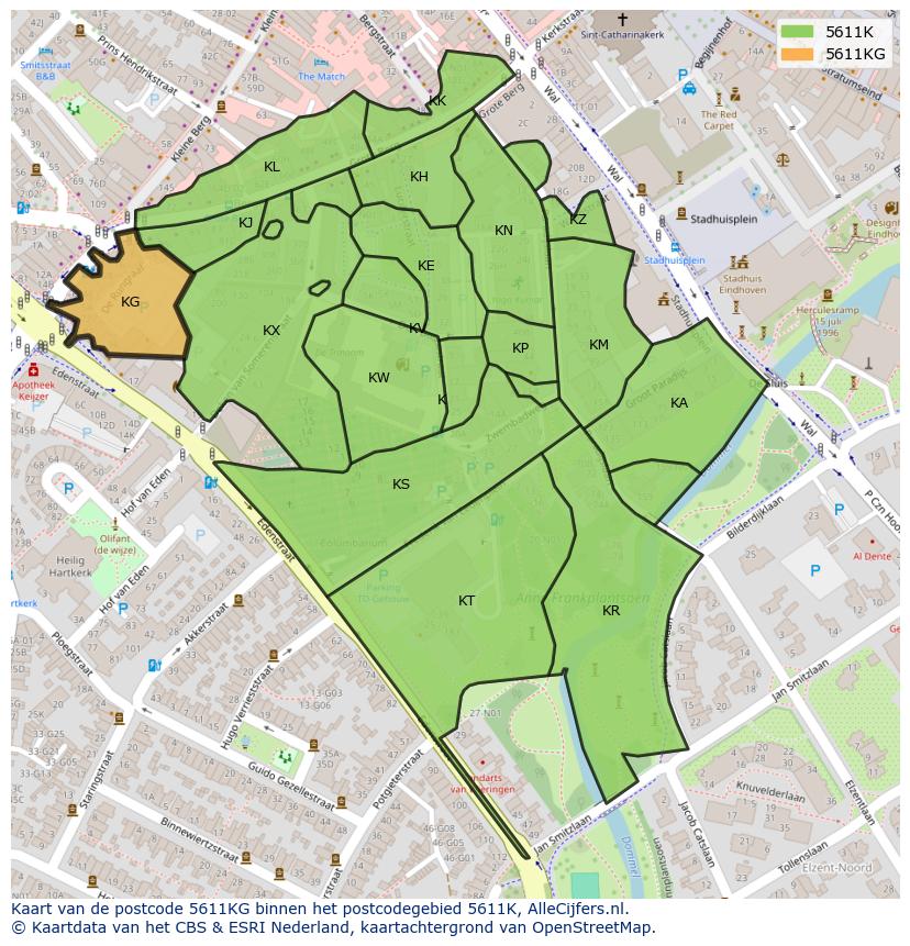 Afbeelding van het postcodegebied 5611 KG op de kaart.