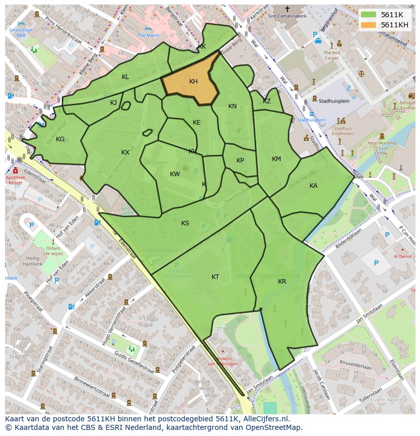 Afbeelding van het postcodegebied 5611 KH op de kaart.