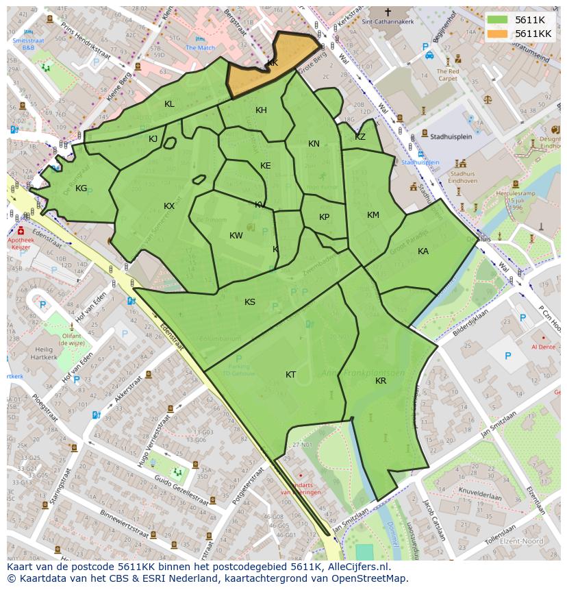 Afbeelding van het postcodegebied 5611 KK op de kaart.