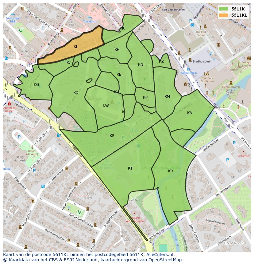 Afbeelding van het postcodegebied 5611 KL op de kaart.