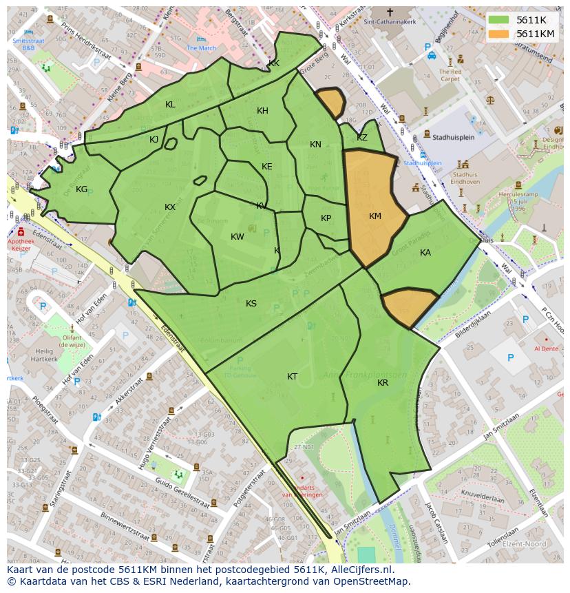Afbeelding van het postcodegebied 5611 KM op de kaart.
