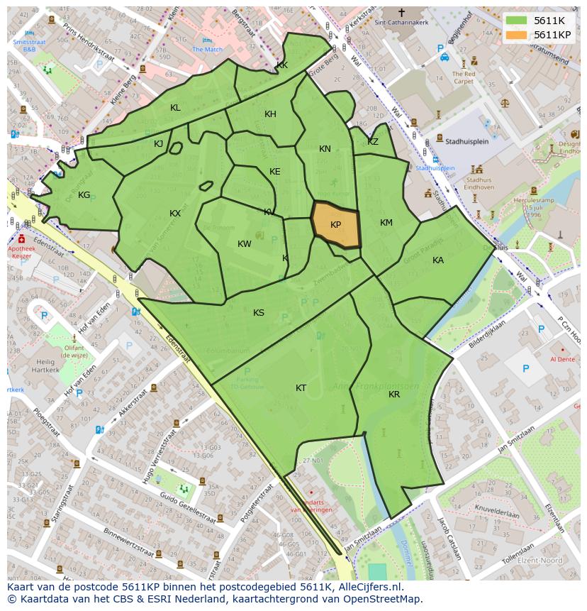 Afbeelding van het postcodegebied 5611 KP op de kaart.