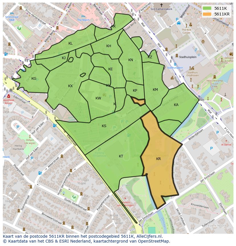 Afbeelding van het postcodegebied 5611 KR op de kaart.