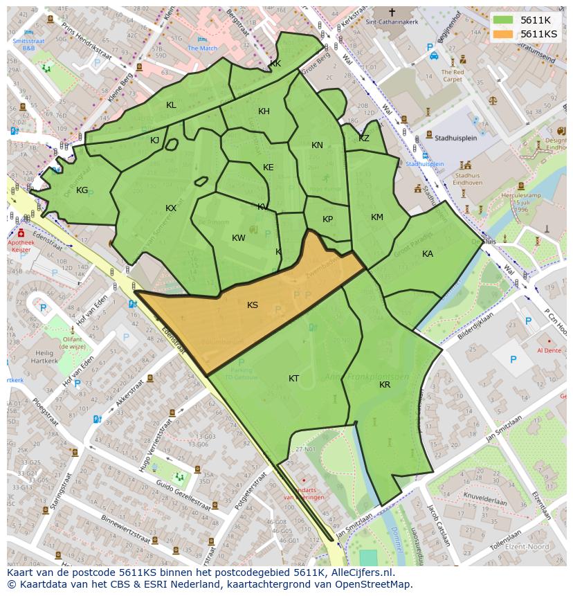 Afbeelding van het postcodegebied 5611 KS op de kaart.
