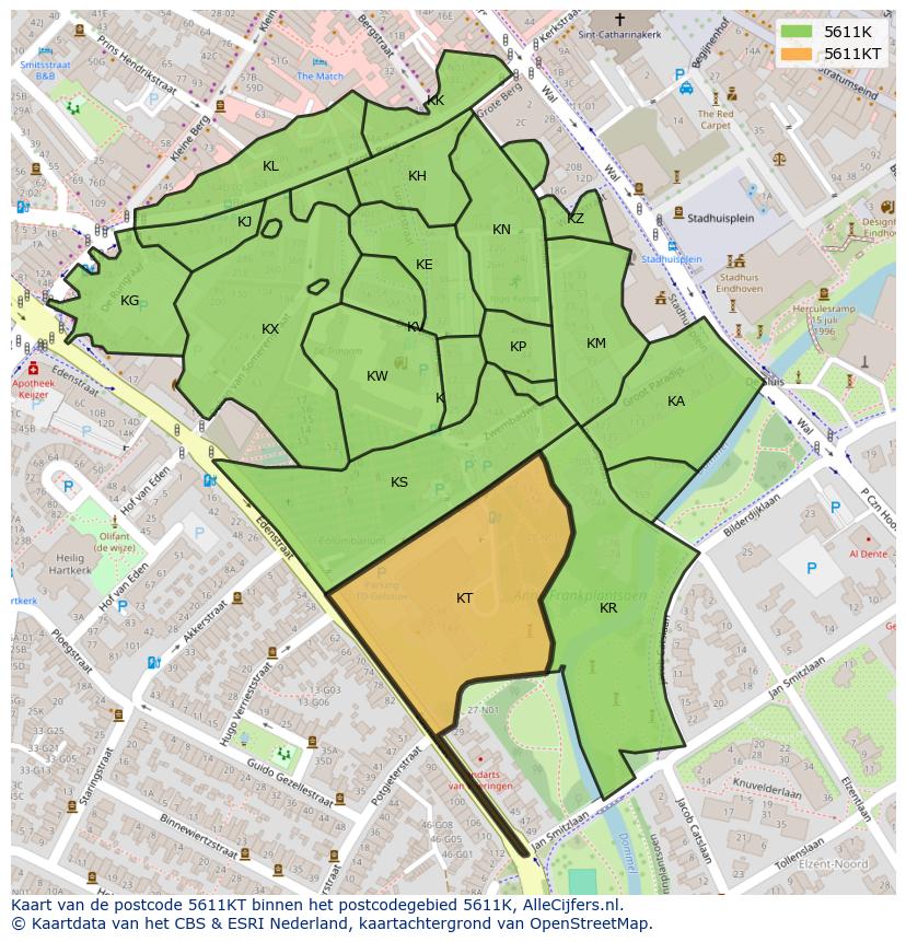 Afbeelding van het postcodegebied 5611 KT op de kaart.