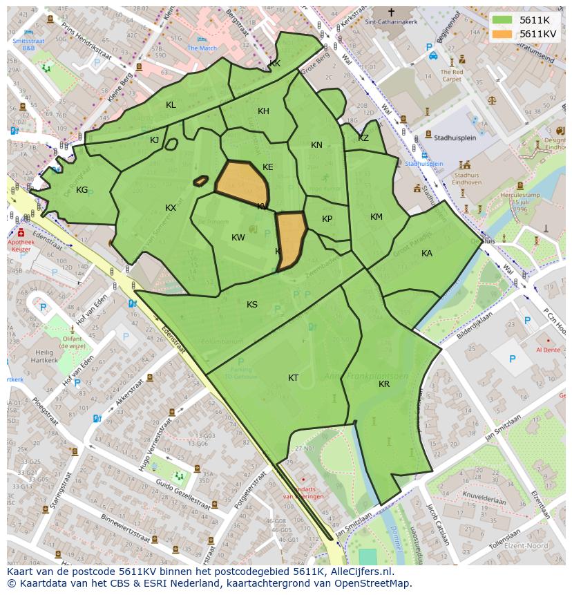 Afbeelding van het postcodegebied 5611 KV op de kaart.