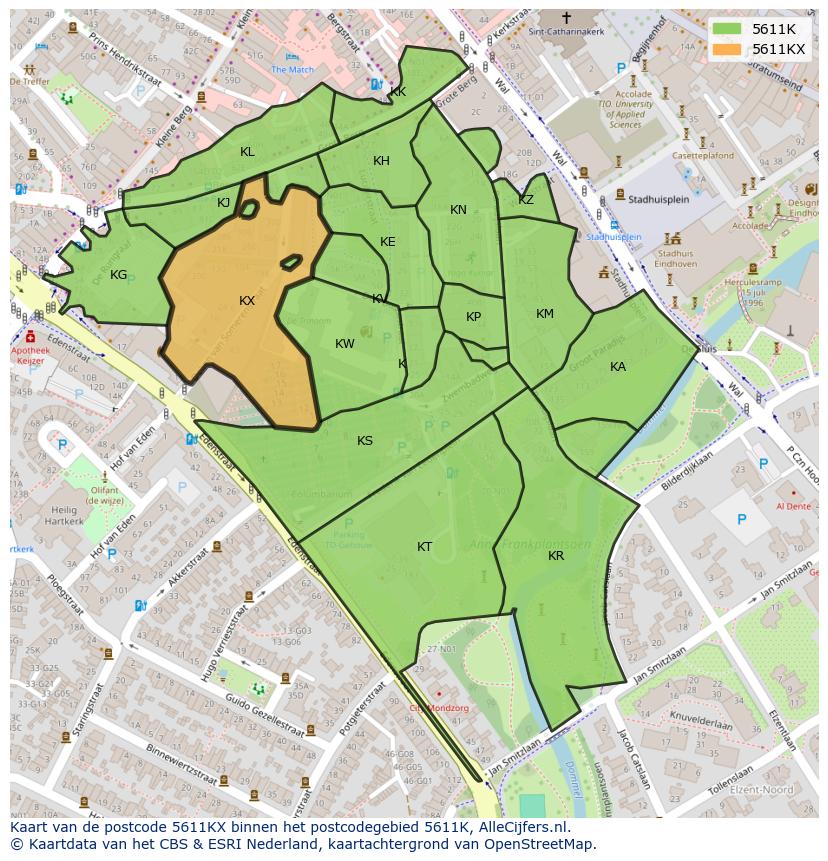 Afbeelding van het postcodegebied 5611 KX op de kaart.