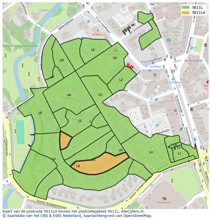 Afbeelding van het postcodegebied 5611 LA op de kaart.
