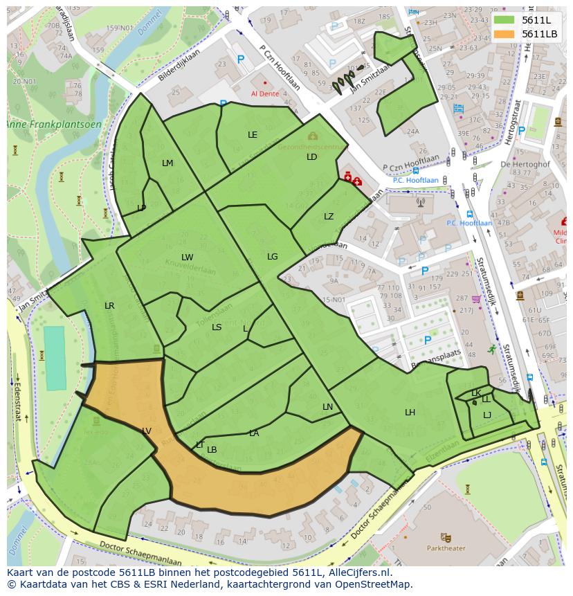 Afbeelding van het postcodegebied 5611 LB op de kaart.