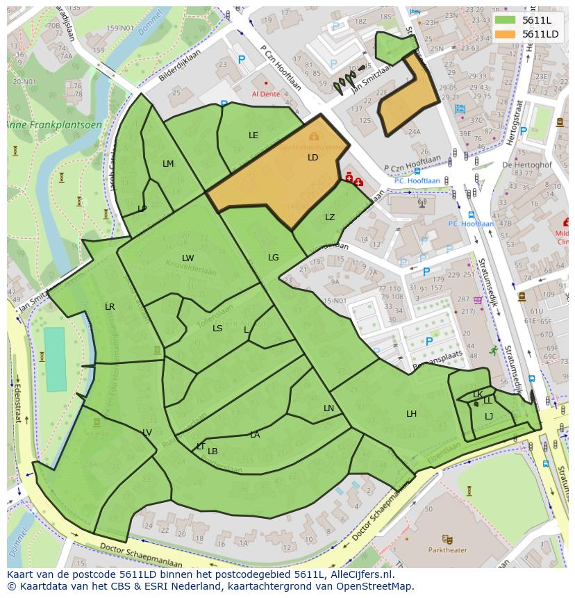 Afbeelding van het postcodegebied 5611 LD op de kaart.