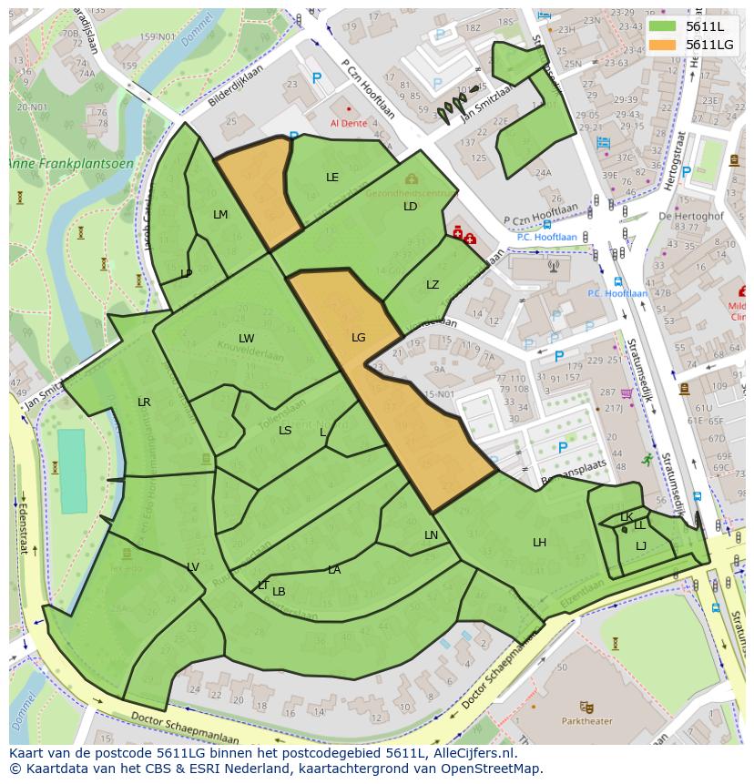 Afbeelding van het postcodegebied 5611 LG op de kaart.
