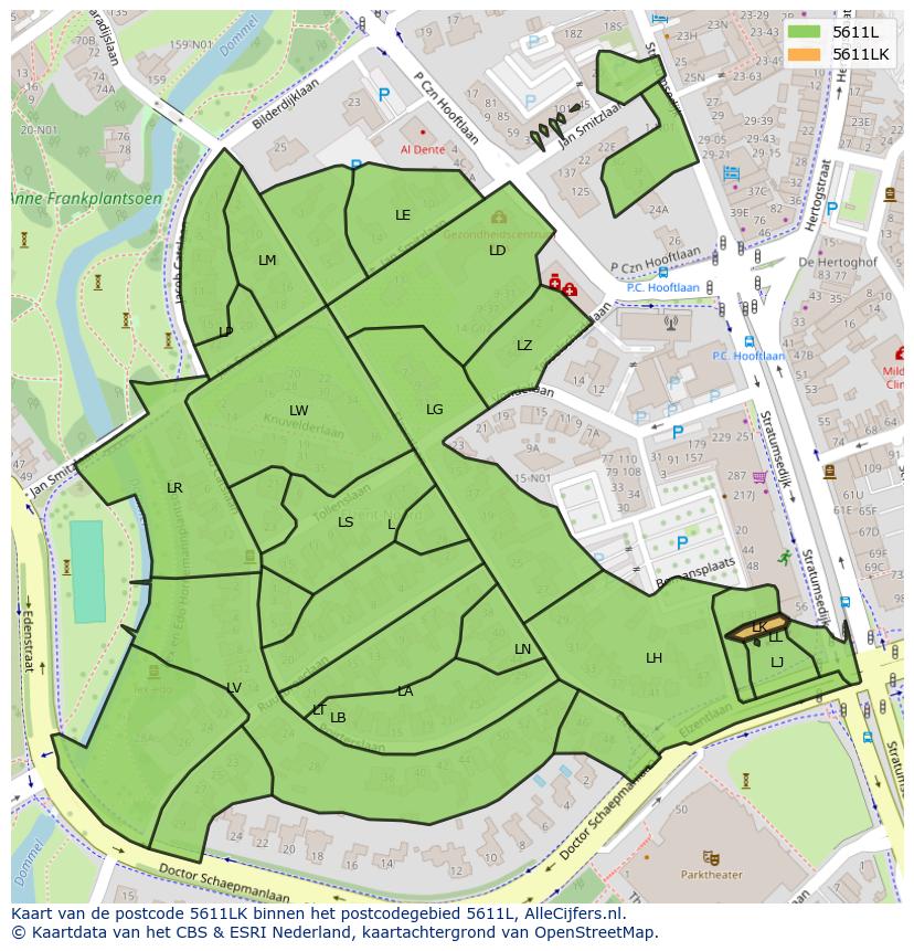Afbeelding van het postcodegebied 5611 LK op de kaart.