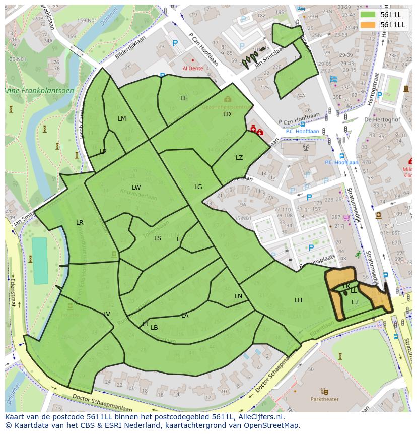 Afbeelding van het postcodegebied 5611 LL op de kaart.