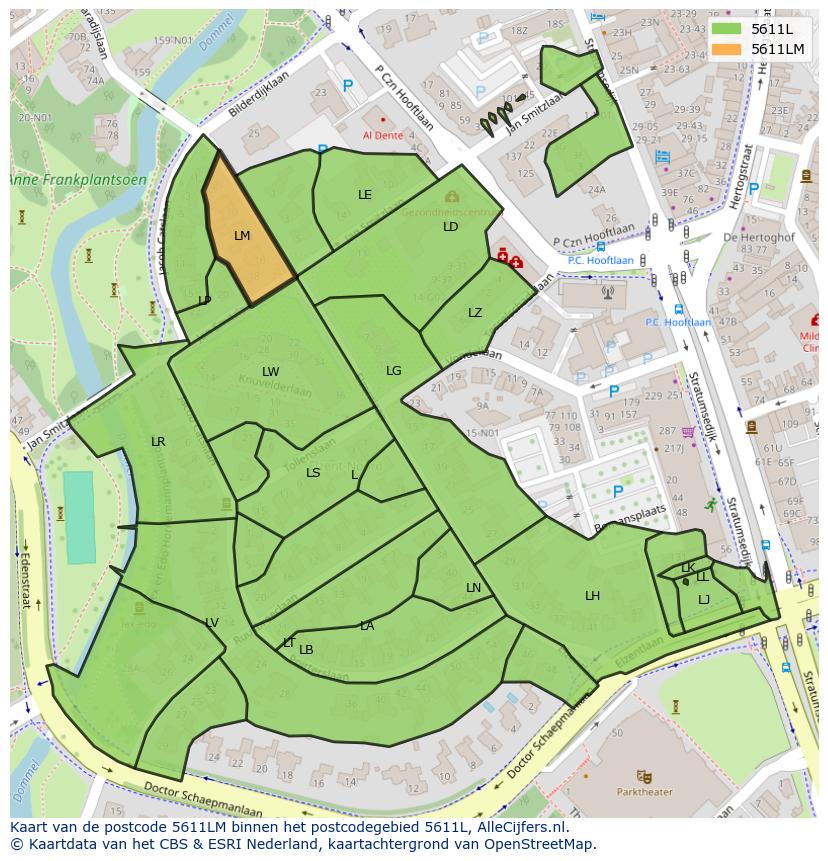 Afbeelding van het postcodegebied 5611 LM op de kaart.