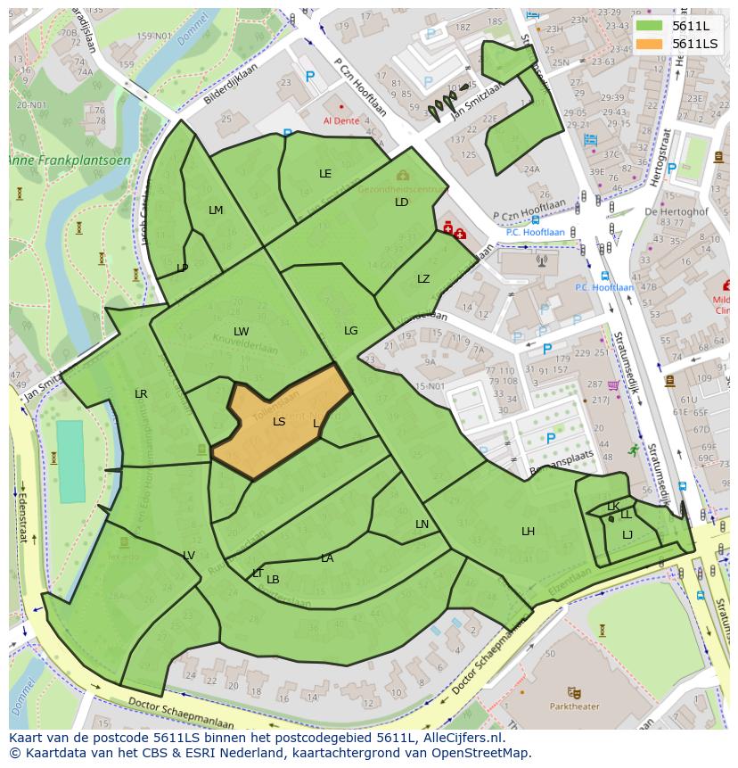 Afbeelding van het postcodegebied 5611 LS op de kaart.