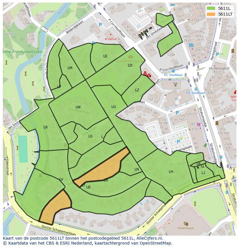 Afbeelding van het postcodegebied 5611 LT op de kaart.