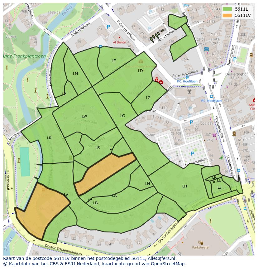 Afbeelding van het postcodegebied 5611 LV op de kaart.