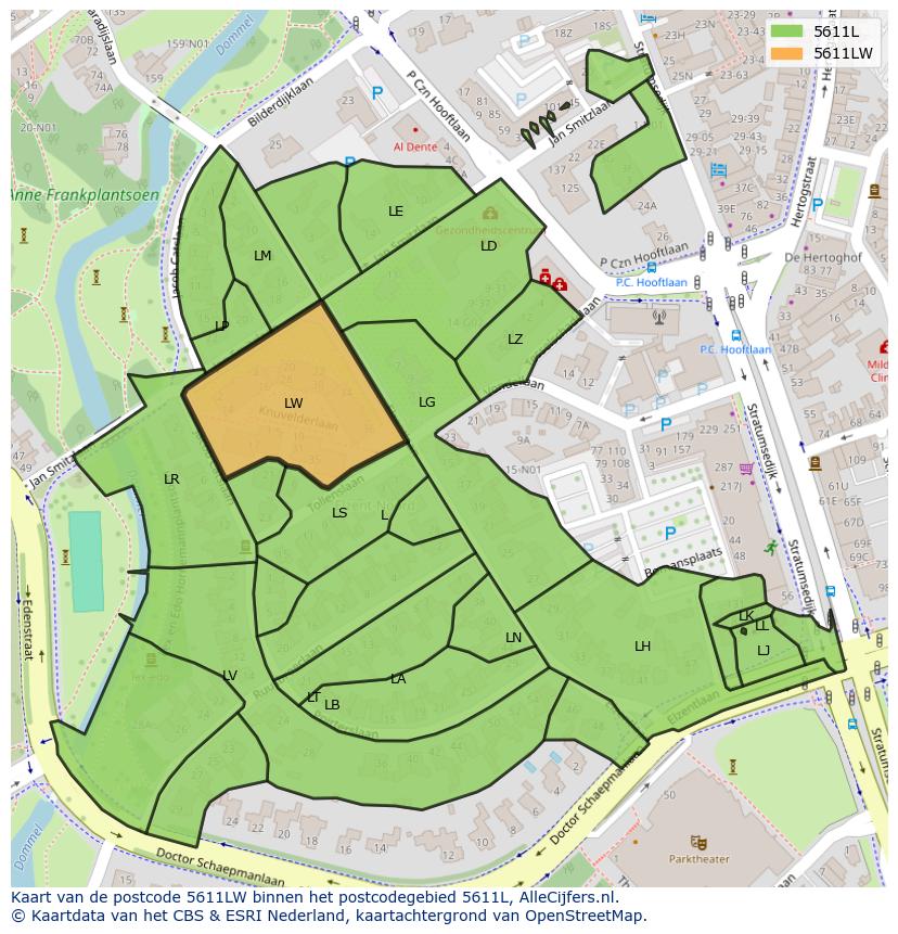 Afbeelding van het postcodegebied 5611 LW op de kaart.