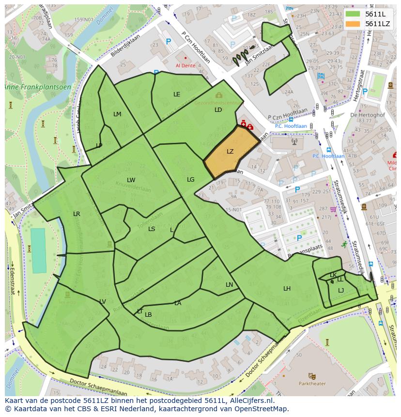 Afbeelding van het postcodegebied 5611 LZ op de kaart.